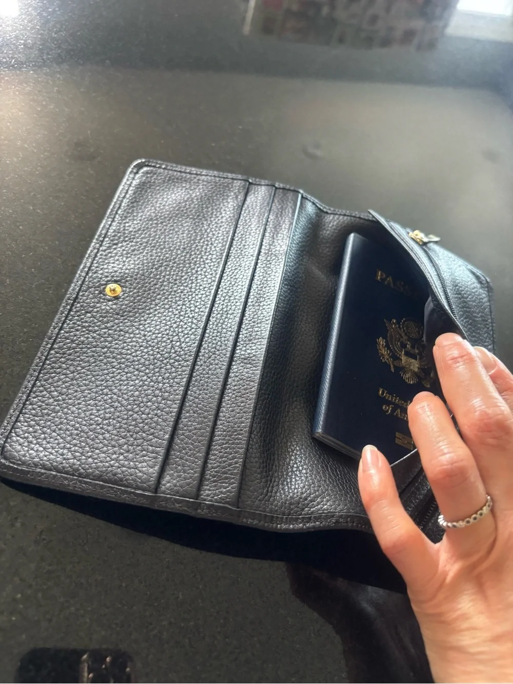 Longchamp Genuine Black Leather wallet Passport Holder Travel Organizer clutch